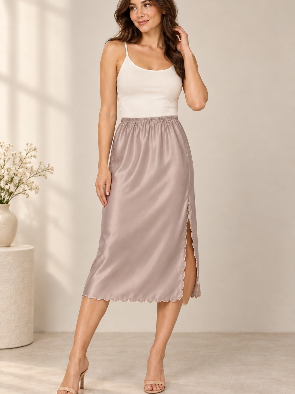 Vintage Cheri Mauve Champagne Satin Half Slip Scalloped Hem NWT Medium